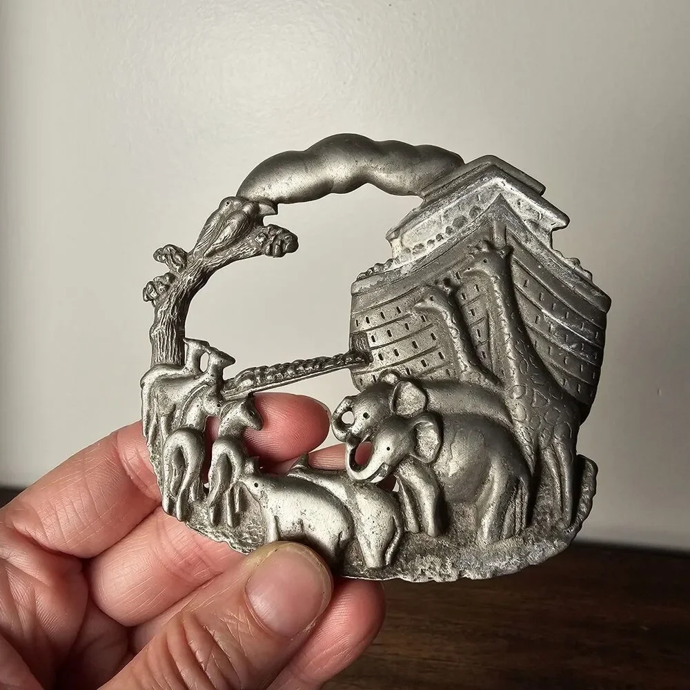 Vintage Pewter Noah's Ark Trivet Biblical Animal Design Mini Hot Plate 3.25